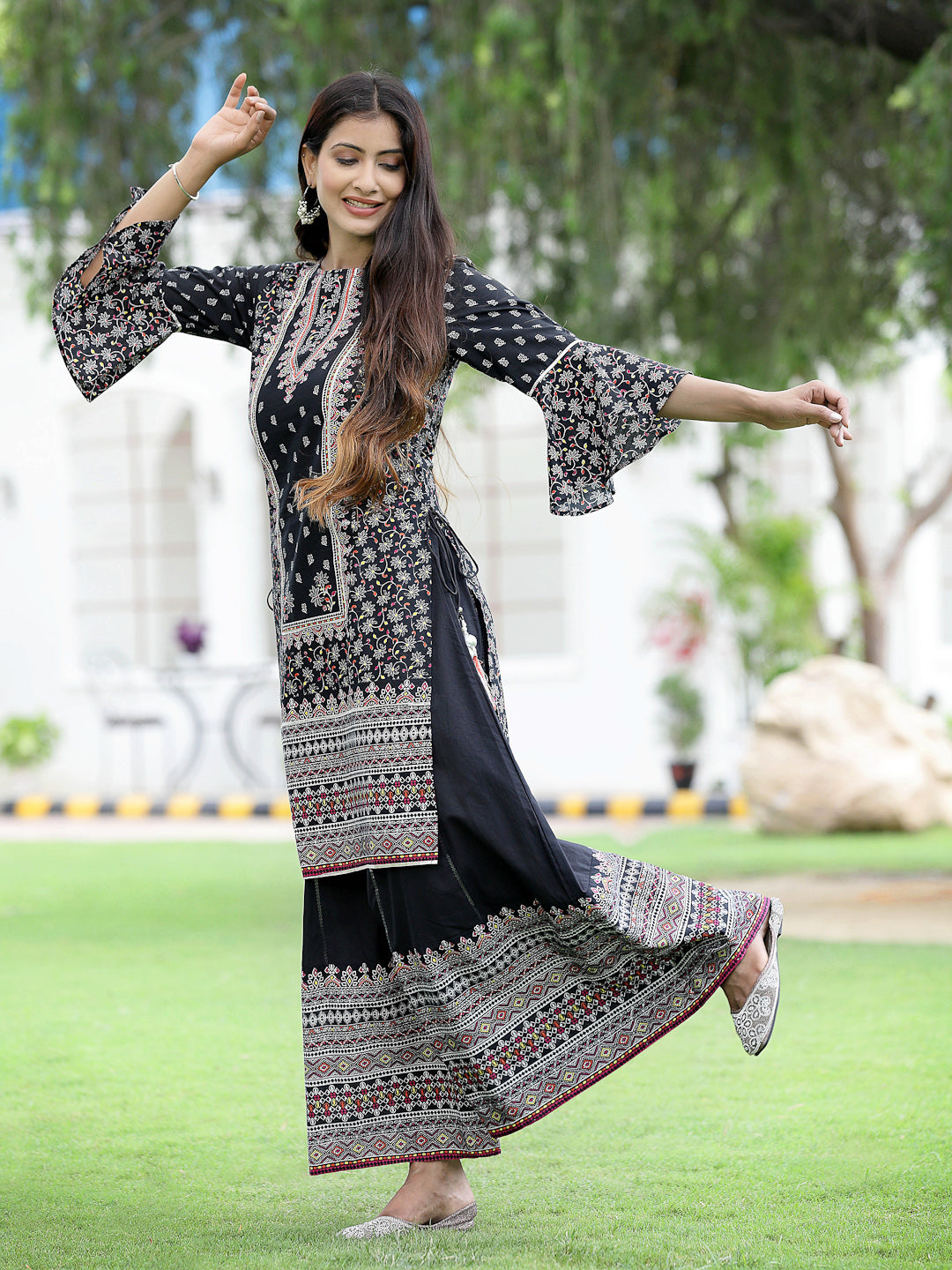 Juniper Womens Black Cambric Multicolor Placement Printed Kurta Palazzo Set | Swadesiicart