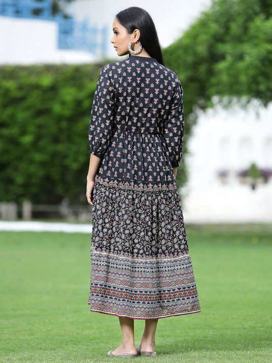 Juniper Women's Black Cambric Printed Tiered Dress | Swadesiicart