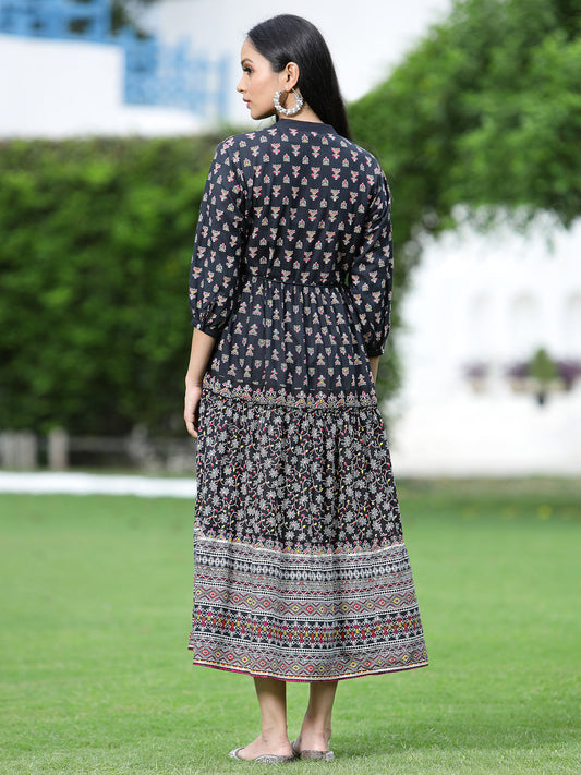 Juniper Womens Black Cambric Printed Dress | Swadesiicart