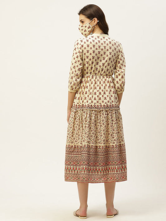 Juniper Women's Cream Cambric Printed Tiered Dress | Swadesiicart