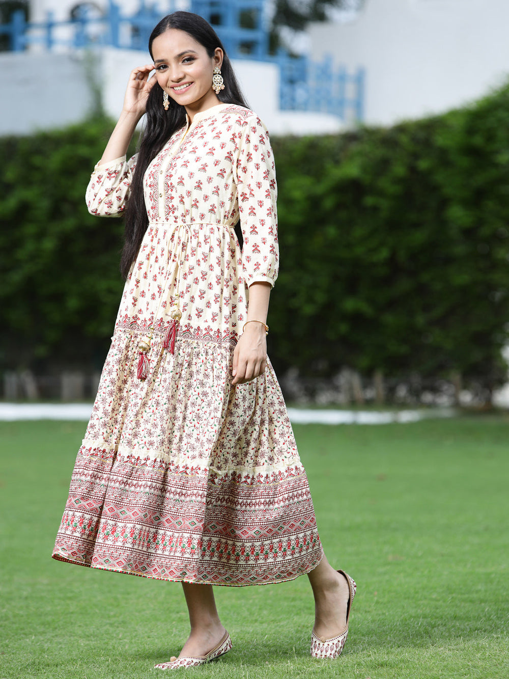 Juniper Women's Cream Cambric Printed Tiered Dress | Swadesiicart
