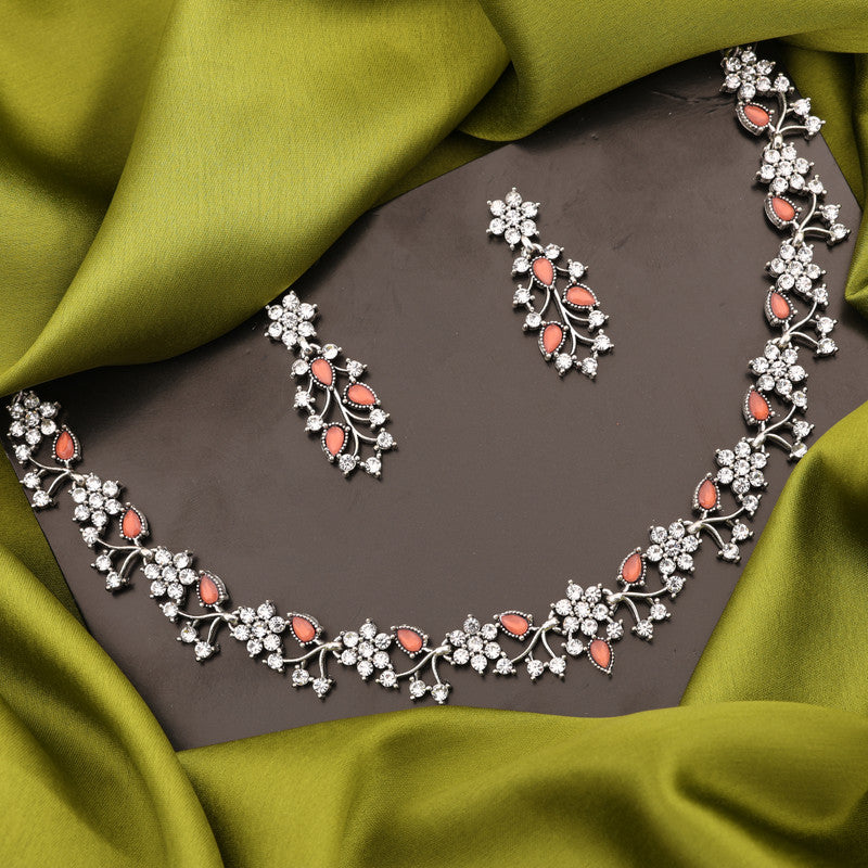 Tehzeeb Creations Silver Pleated White Diamond With Orange Beads Necklace Set - Swadesiicart