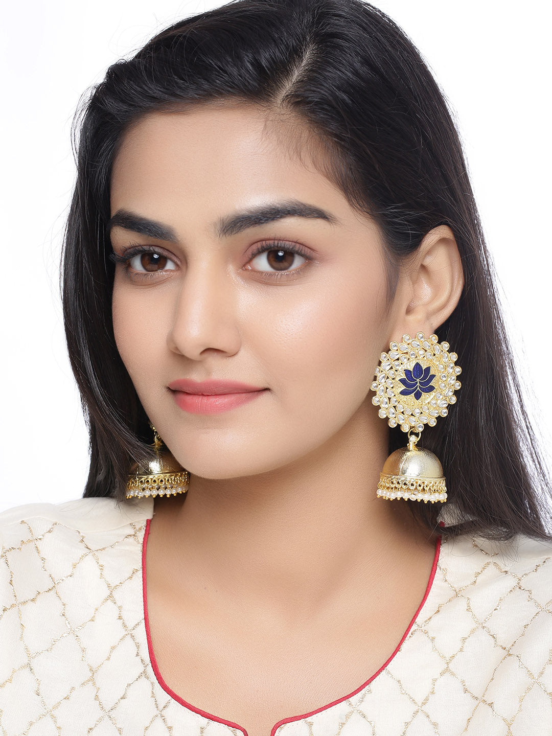 Shoshaa Gold-Polished Navy Blue Kundan-Studded Classic Jhumkas | Swadesiicart