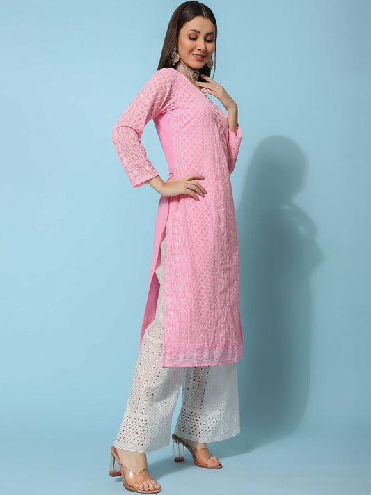 Kalini Ethnic Motifs Embroidered Chikankari Georgette Straight Kurta | Swadesiicart