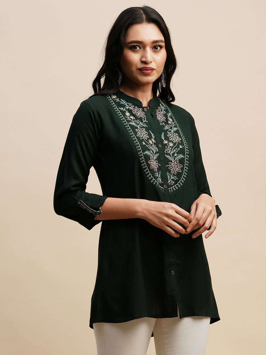 Dark Green Rayon Embroidered Top - Tarini - Swadesiicart