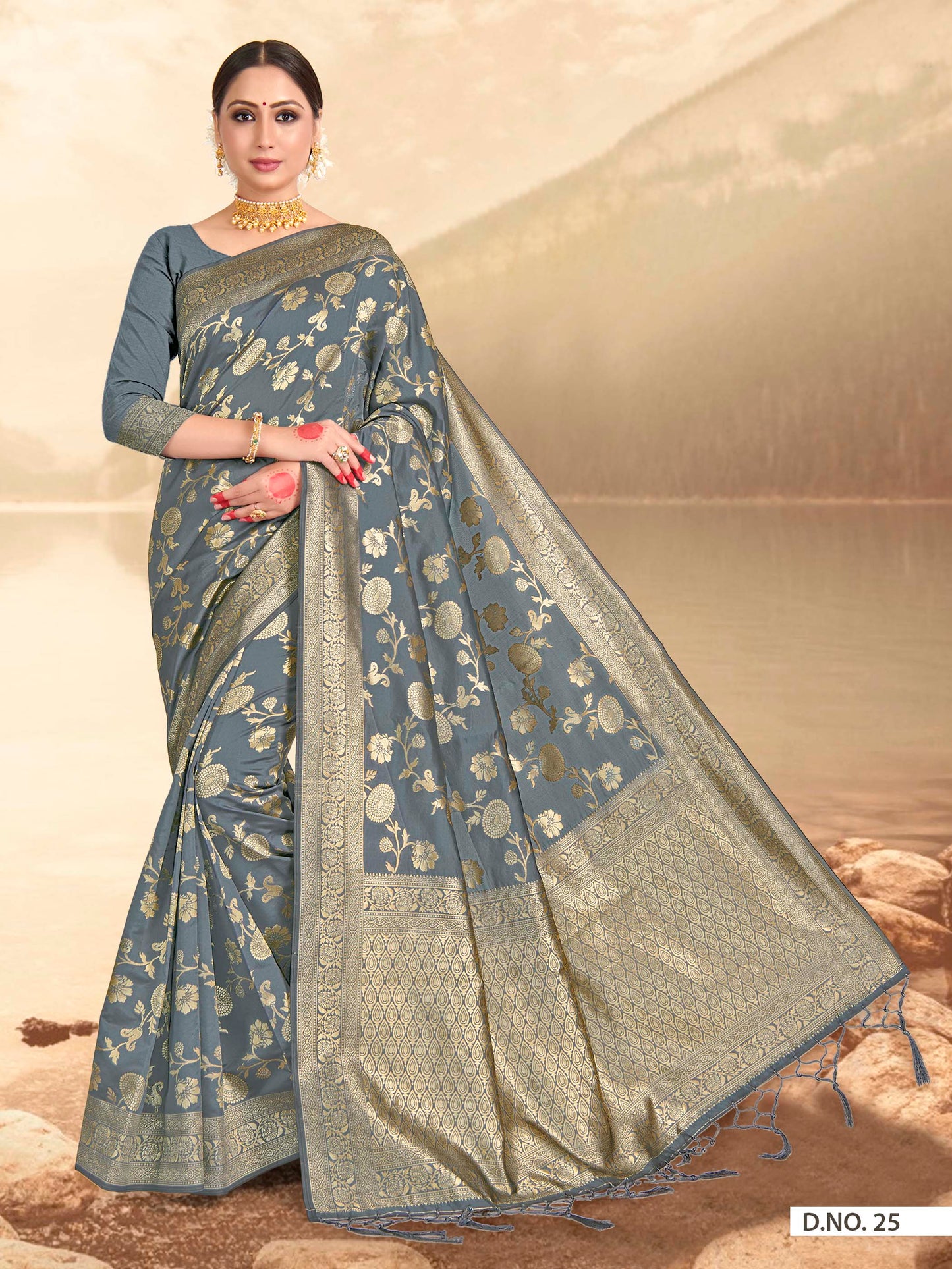 Vardha Steel Grey Woven Banarasi Saree | Swadesiicart