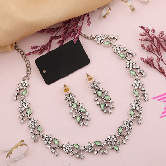 Tehzeeb Creations Silver Pleated White Diamond With Sea Green Beads Necklace Set - Swadesiicart