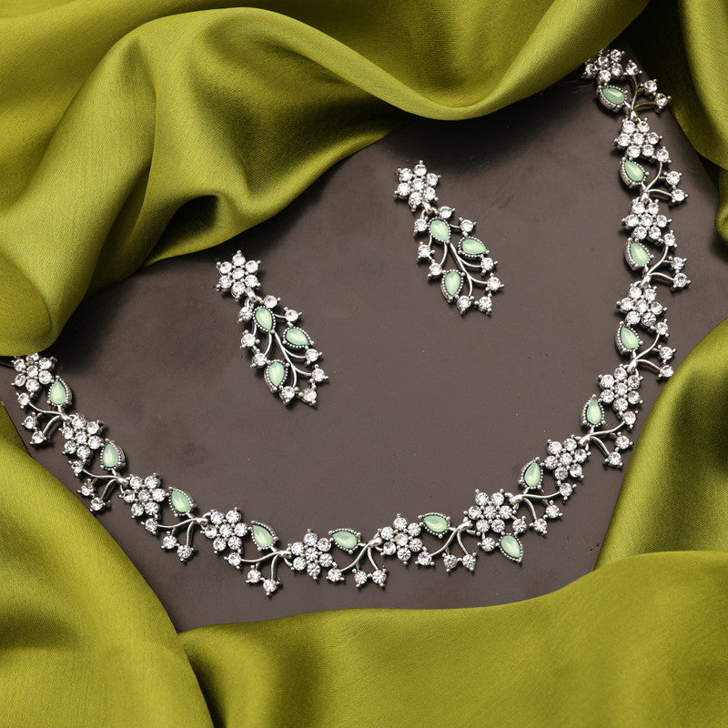 Tehzeeb Creations Silver Pleated White Diamond With Sea Green Beads Necklace Set - Swadesiicart
