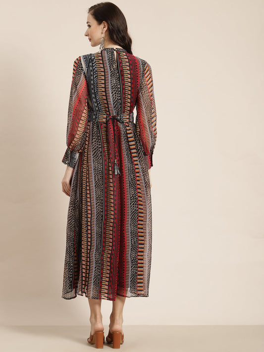 Juniper Womens Black Chiffon Printed Dress With Beautiful Belt | Swadesiicart