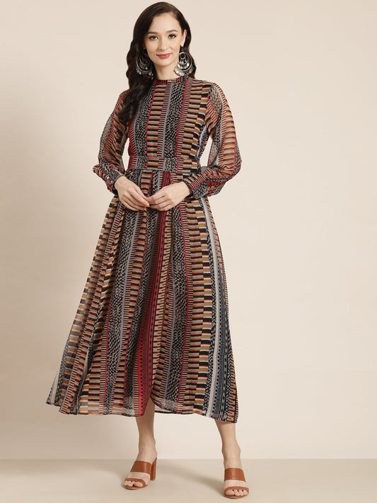 Juniper Womens Black Chiffon Printed Dress With Beautiful Belt | Swadesiicart
