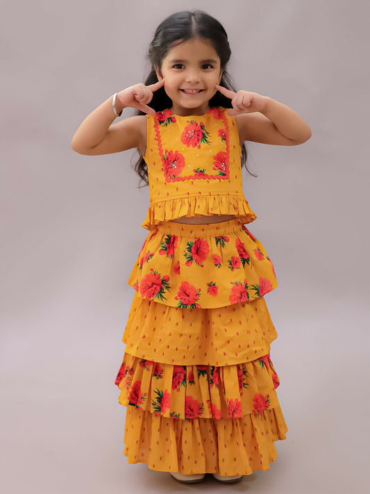 Lil Drama Genda Phool Mustard Choli and Lehanga Set For Girls | Swadesiicart