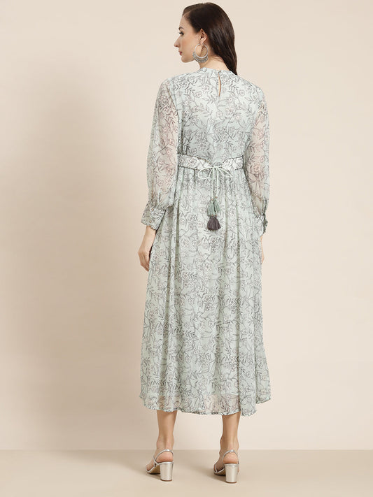 Juniper Womens Sagegreen Chiffon Digital Floral Printed Maxi Dress | Swadesiicart