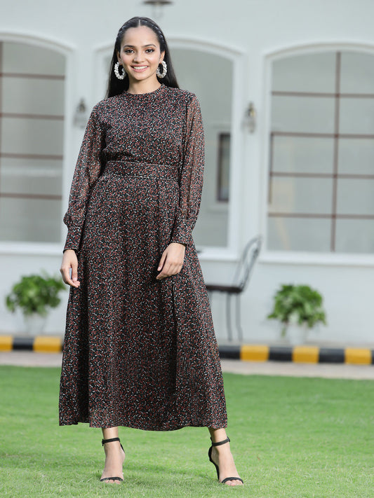 Juniper Womens Black Chiffon Digital Floral Printed Maxi Dress | Swadesiicart