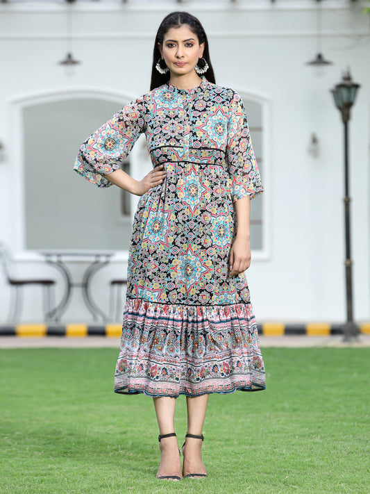 Juniper Womens Black Chiffon Digital Printed Tiered Maxi Dress | Swadesiicart