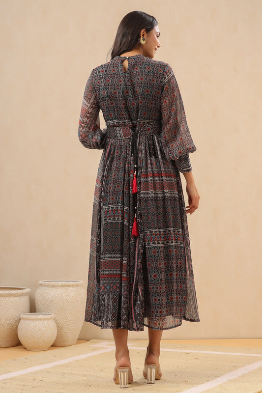 Juniper Womens Navy Blue Multicolor Geometric Digital Printed Maxi Dress With Bead Handwork | Swadesiicart