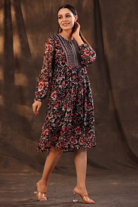 Juniper Women Black Chiffon Printed Flared Dress | Swadesiicart