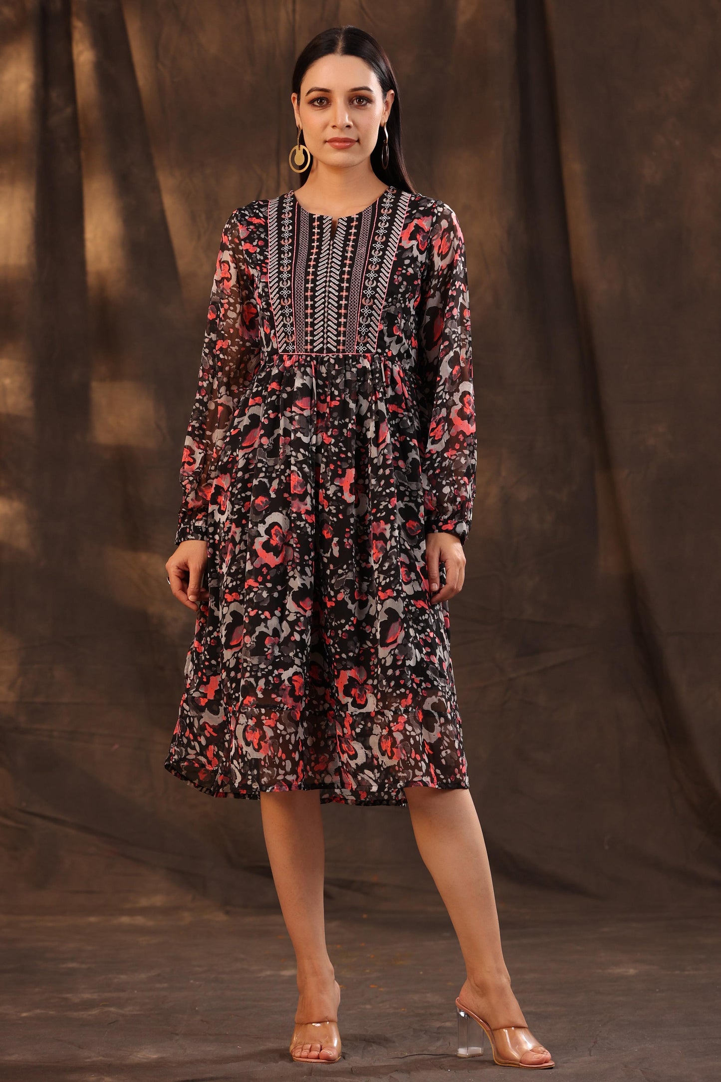 Juniper Women Black Chiffon Printed Flared Dress | Swadesiicart