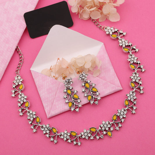 Tehzeeb Creations Silver Pleated White Diamond With Yellow Beads Necklace Set - Swadesiicart