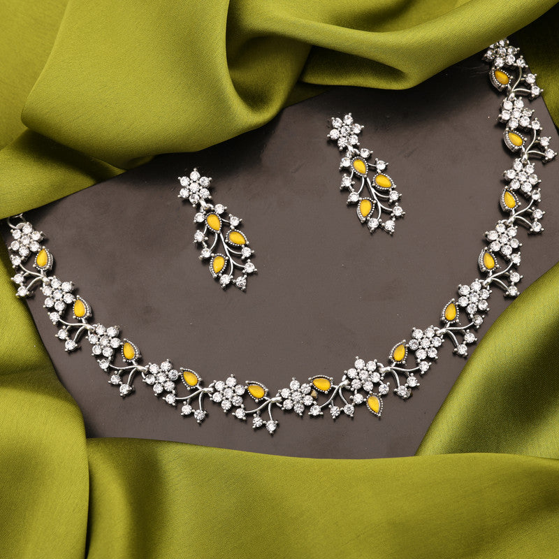 Tehzeeb Creations Silver Pleated White Diamond With Yellow Beads Necklace Set - Swadesiicart