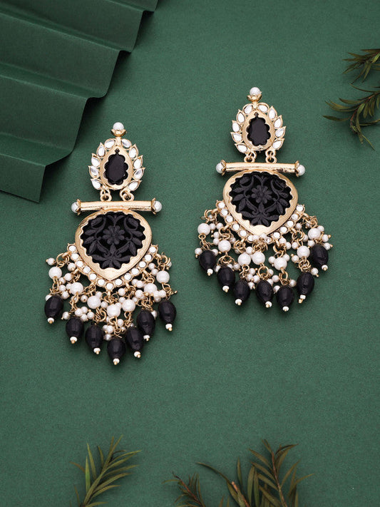 Tehzeeb Creations Latest Black Colour Gold Polish Kundan & Pearl Studded Designer Drop Long Earrings For Women And Girls Green | Swadesiicart