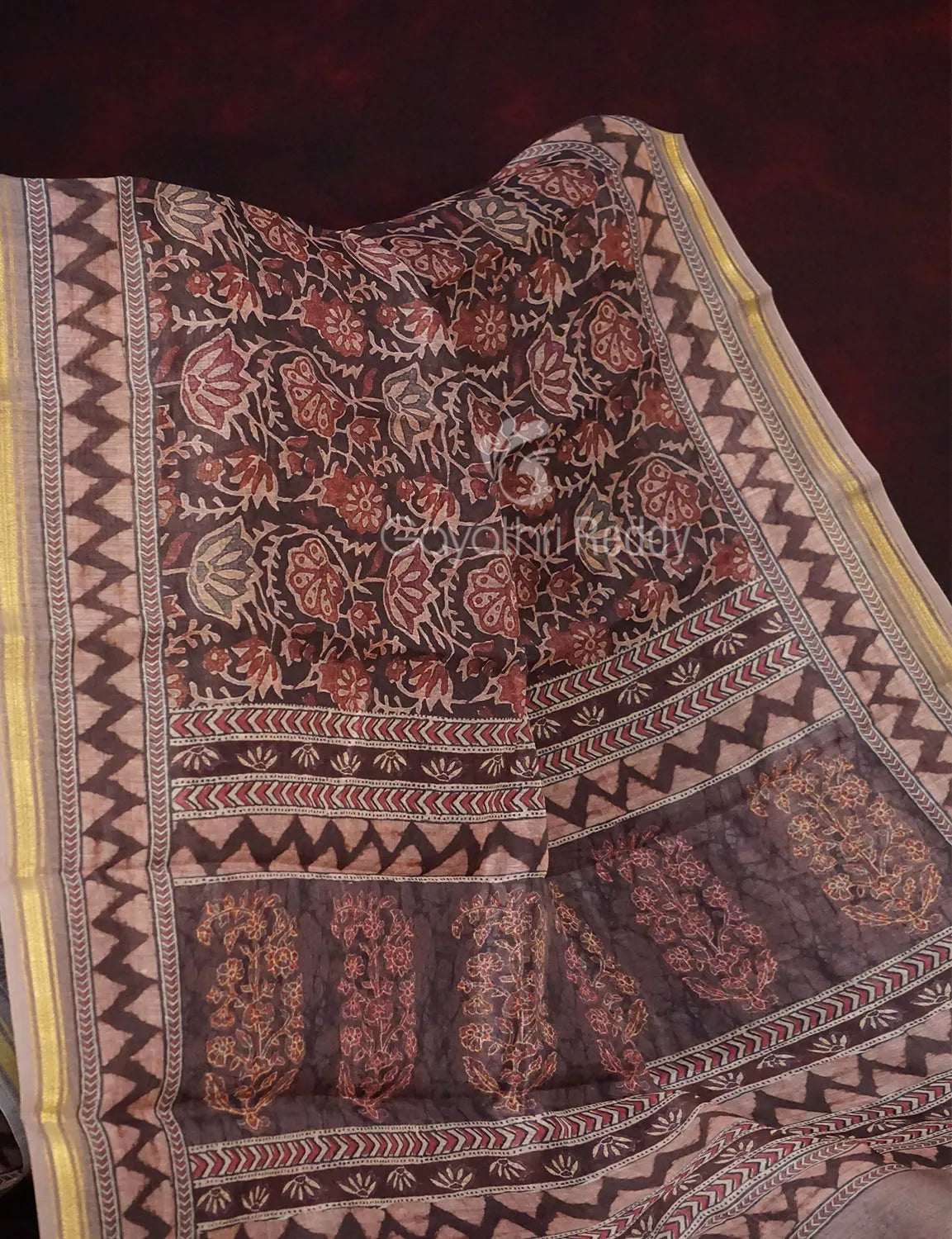 Dark Chikoo Colour Kalamkaari Design Semi Chanderi Saree By Gayathri Reddy Designer Studio | Swadesiicart