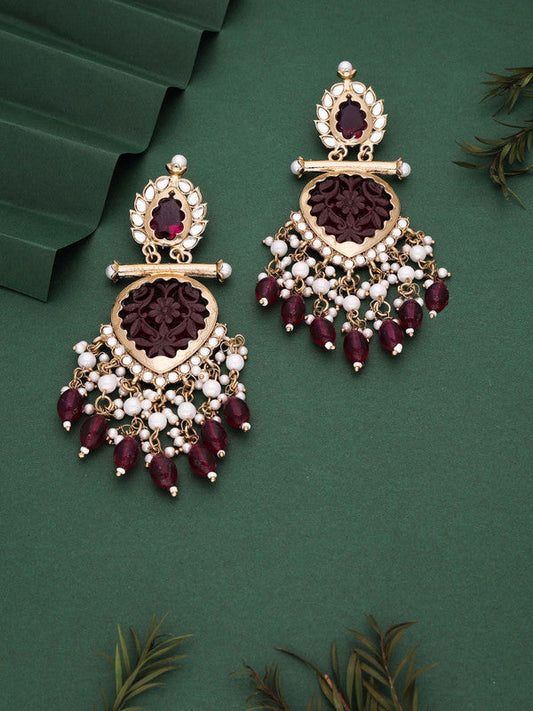 Tehzeeb Creations Latest Rani Pink Gold Polish Kundan & Pearl Studded Designer Drop Long Earrings For Women And Girls Lavender | Swadesiicart