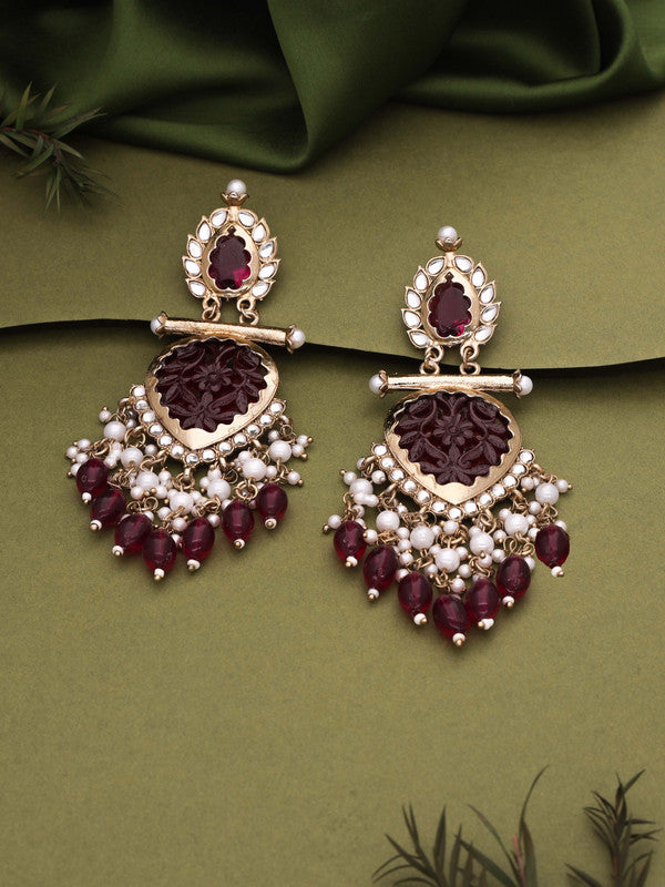 Tehzeeb Creations Latest Rani Pink Gold Polish Kundan & Pearl Studded Designer Drop Long Earrings For Women And Girls Lavender | Swadesiicart