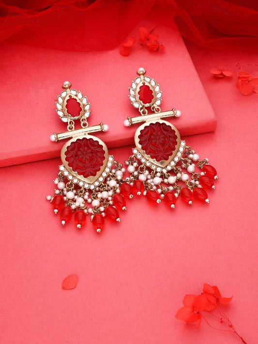 Tehzeeb Creations Latest Red Colour Gold Polish Kundan & Pearl Studded Designer Drop Long Earrings For Women And Girls Yellow | Swadesiicart