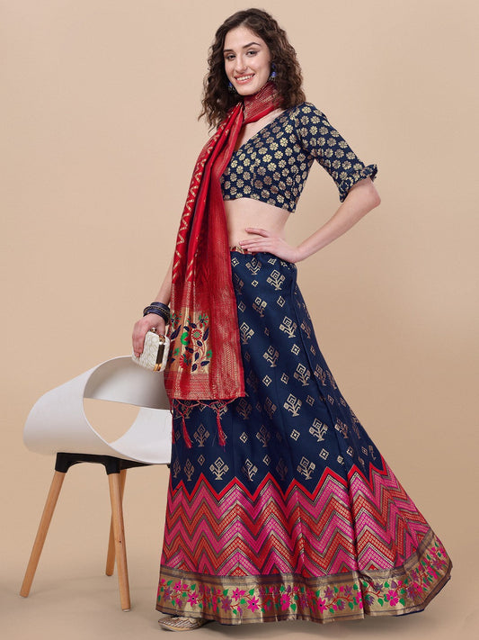 Lorenvalley Fashion Blue Brocade Fabric Lehenga & Unstitched Blouse With Dupatta | Swadesiicart