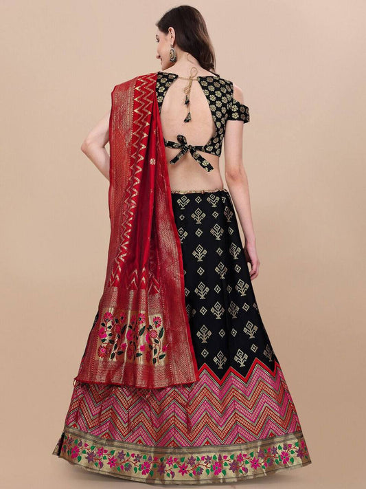 Lorenvalley Fashion Black Brocade Fabric Lehenga & Unstitched Blouse With Dupatta