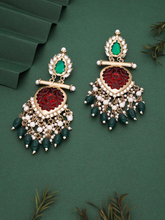 Tehzeeb Creations Latest Red & Green Colour Gold Polish Kundan & Pearl Studded Designer Drop Long Earrings For Women And Girls Yellow | Swadesiicart