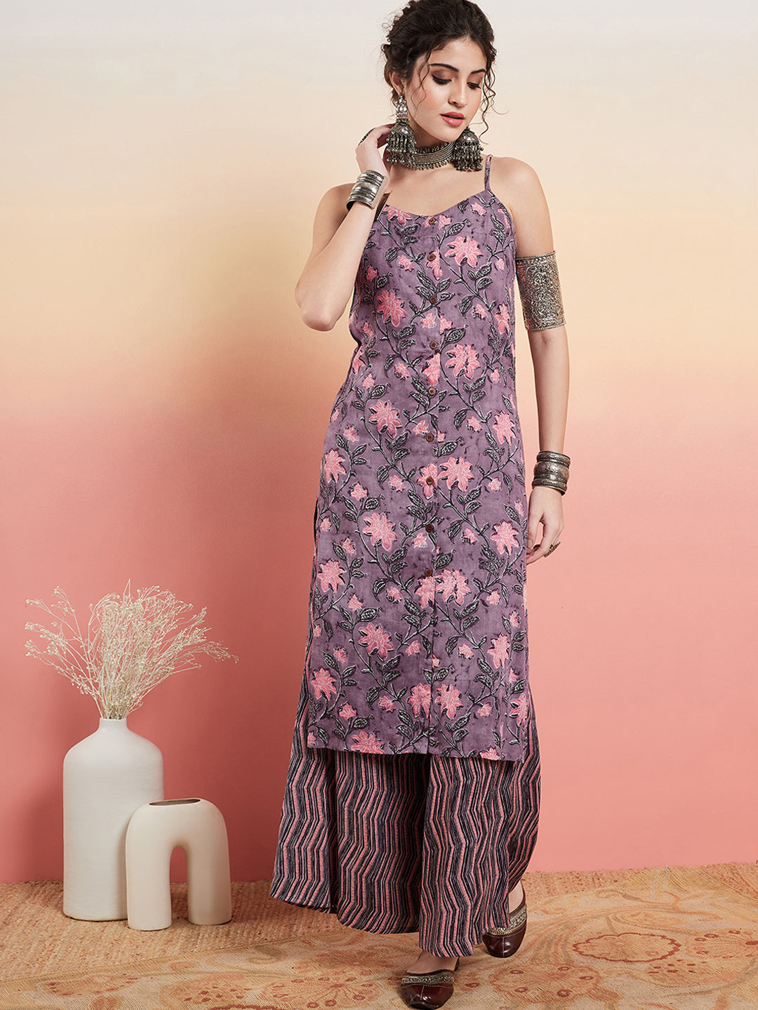 InWeave Women's Mauve Bagh Print Spaghetti Kurta Zig Zag Palazzo Set - Swadesiicart