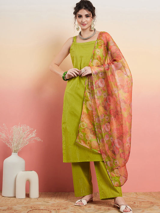 InWeave Women's Lime Green Lurex Strappy Straight Kurta Set W Organza Dupatta - Swadesiicart