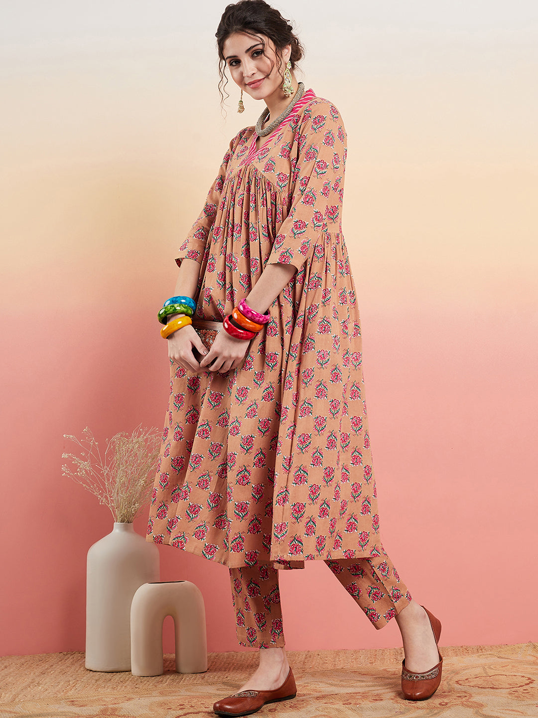 InWeave Women's Beige Pink Floral Pink White Leh V Neck Kurta Set - Swadesiicart
