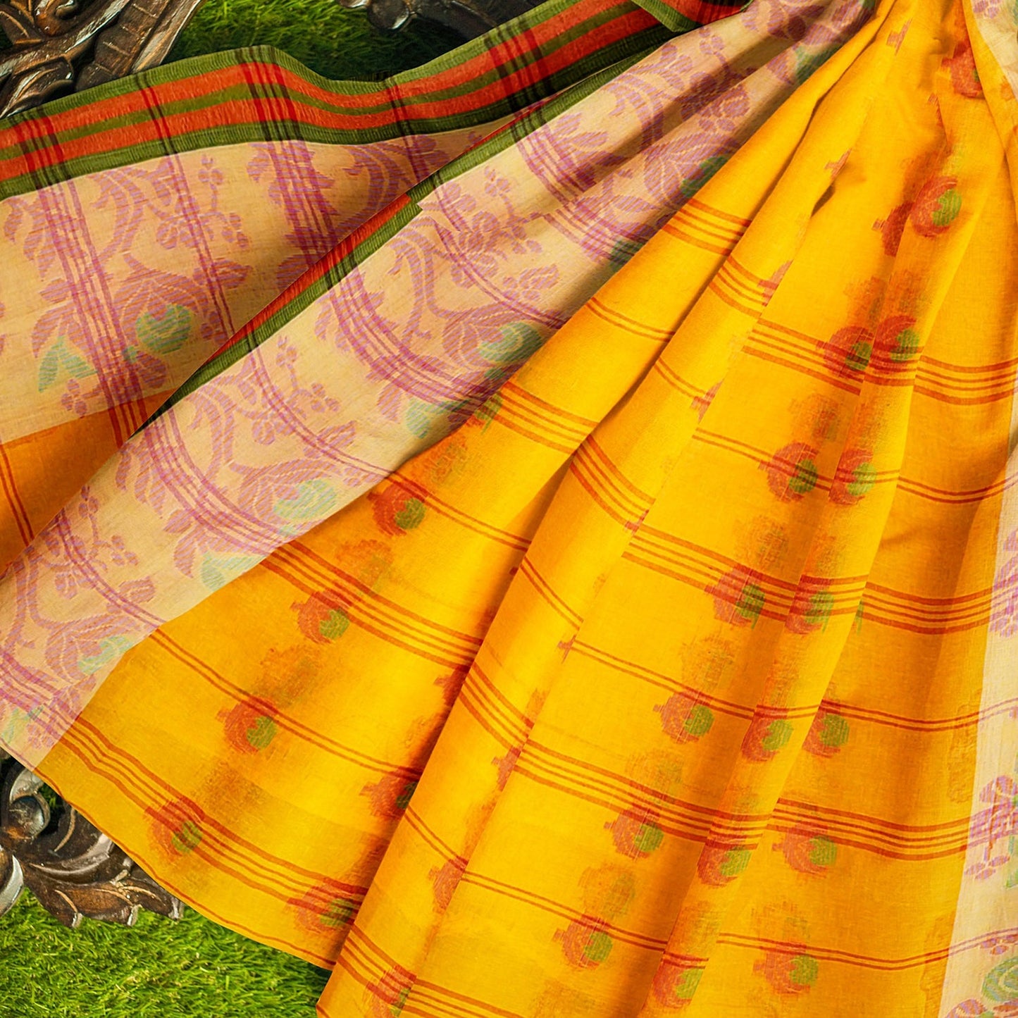 Exclusive Collection 100% Pure Cotton Yellow Tant Saree With Hand Weaving Work - Swadesiicart