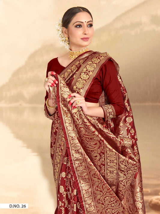 Vardha Maroon Red Woven Banarasi Saree | Swadesiicart