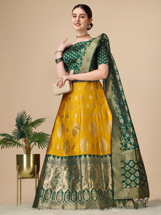 Lorenvalley Fashion Yellow Brocade Fabric Lehenga & Unstitched Blouse With Dupatta | Swadesiicart