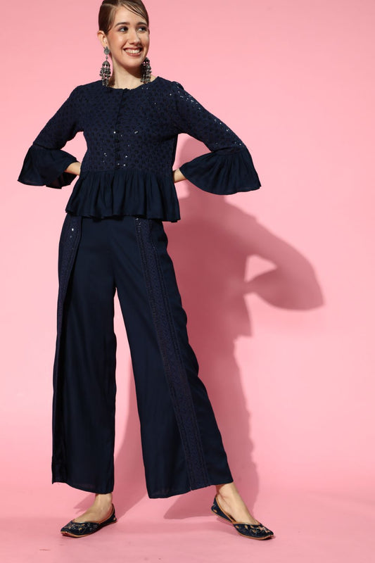 Juniper Womens Navyblue Rayon Embellished Peplum Clothing Set | Swadesiicart