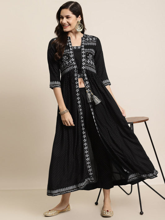 Juniper Women Black Rayon Printed Jacket Style Kurta Sets | Swadesiicart