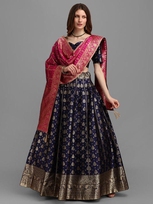 Lorenvalley Fashion Blue Brocade Fabric Lehenga & Unstitched Blouse With Dupatta | Swadesiicart