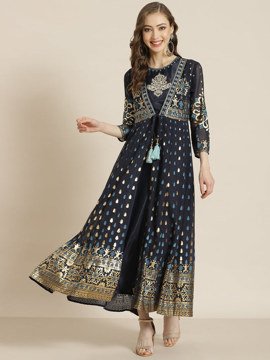 Juniper Women Navyblue Georgette Printed Jacket Style Dress | Swadesiicart