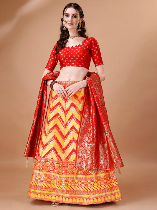 Lorenvalley Fashion Yellow & Red Semi-Stitched Lehenga & Unstitched Blouse With Dupatta | Swadesiicart