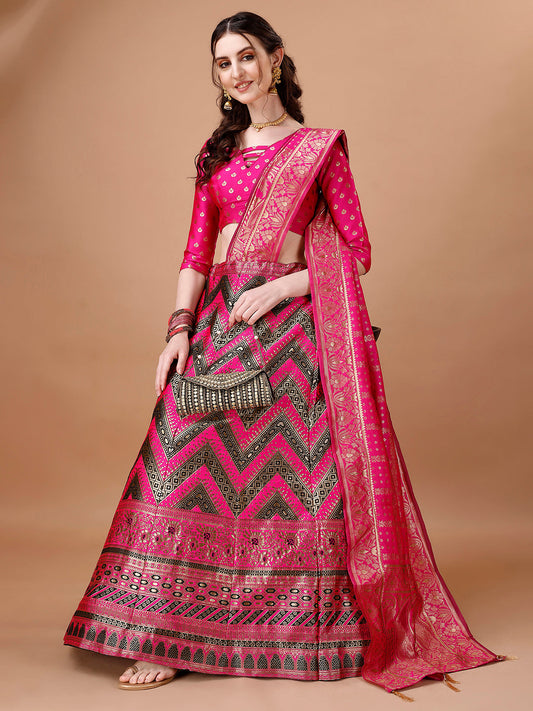 Lorenvalley Fashion Black & Pink Semi-Stitched Lehenga & Unstitched Blouse With Dupatta | Swadesiicart