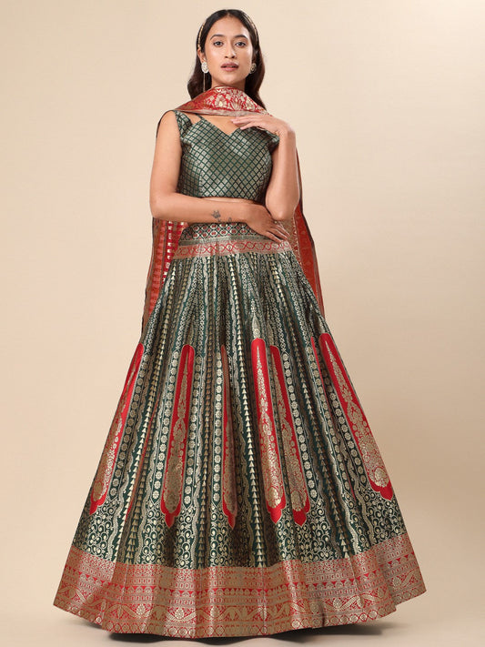 Lorenvalley Fashion Green Ready to Wear Lehenga & Unstitched Blouse With Dupatta | Swadesiicart