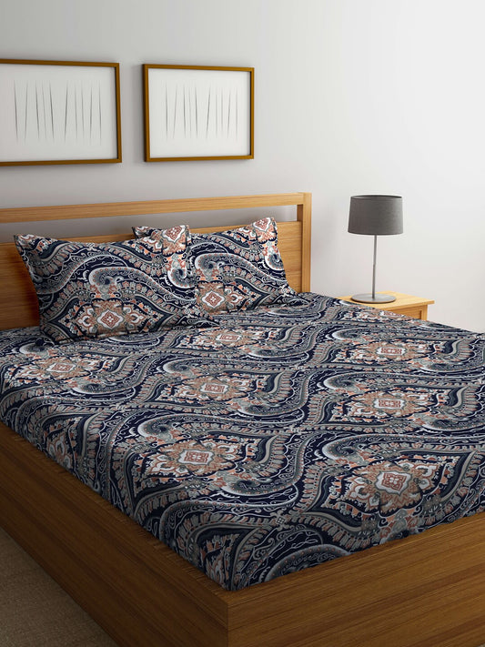 KLOTTHE Blue & Brown Ethnic Motif Printed 300 TC Fitted King Bedsheet With 2 Pillow Covers - Swadesiicart