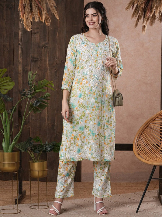 ADA Floral Printed Round Neck Regular Lucknowi Chikankari Kurta with Trousers | Swadesiicart
