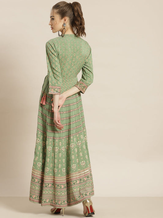 Juniper Womens Pistagreen Foil Printed Circular Maxi Dress With Yoke Embroidery | Swadesiicart