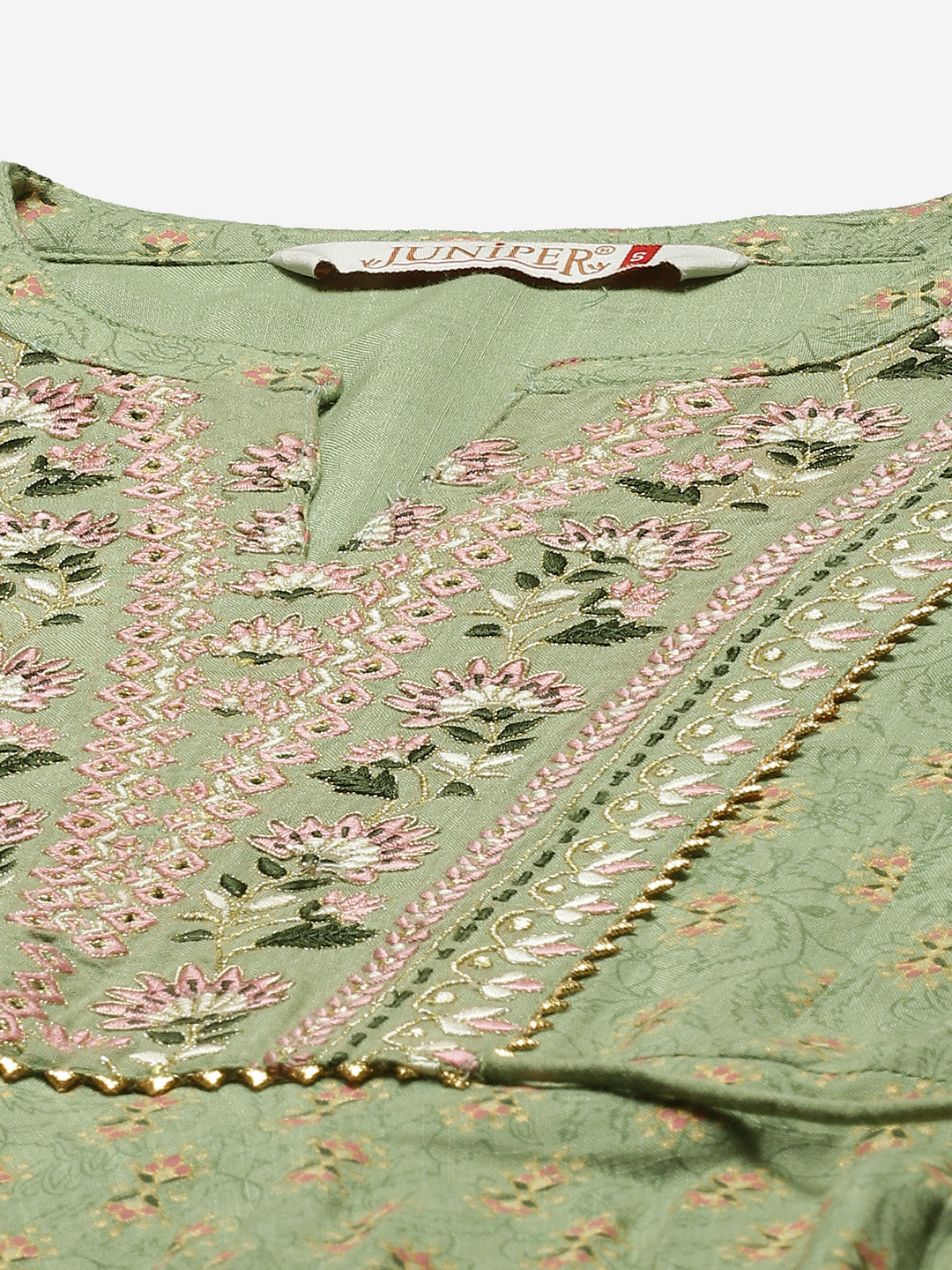 Juniper Womens Pistagreen Foil Printed Circular Maxi Dress With Yoke Embroidery | Swadesiicart