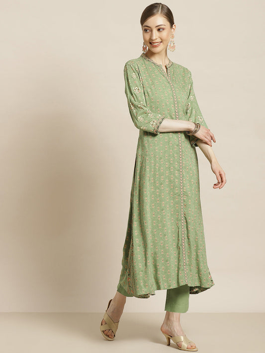 Juniper Womens Pistagreen Foil Printed Kurta Dress With Solid Pant And Printed Dupatta | Swadesiicart