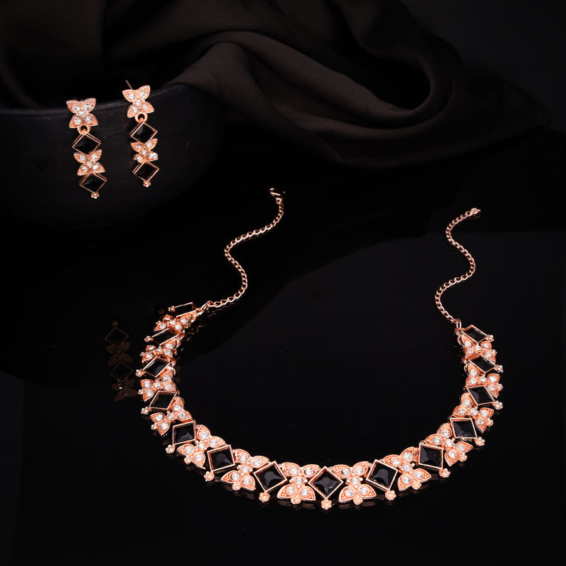 Tehzeeb Creations Rose Gold-Polished Black Choker Necklace With Dangle Earrings